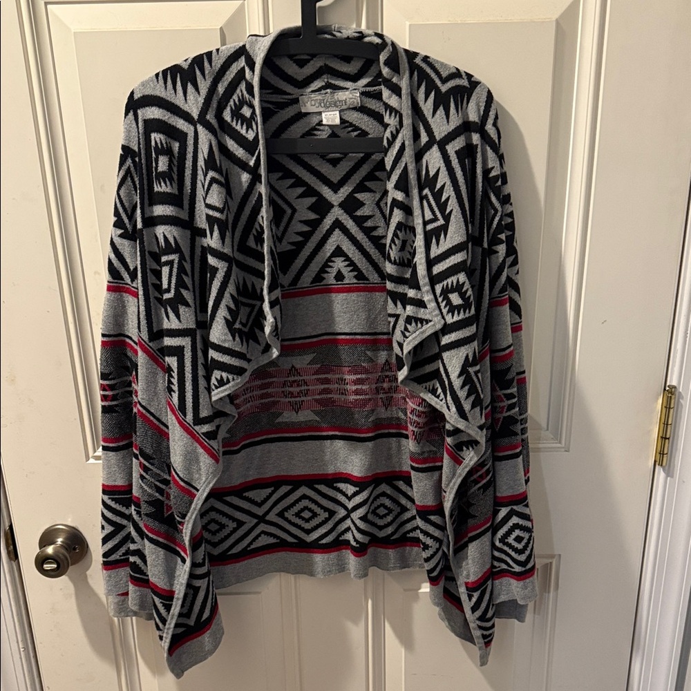 By Design Geometric Patterned Cardigan Gray/Black/Red Size XL